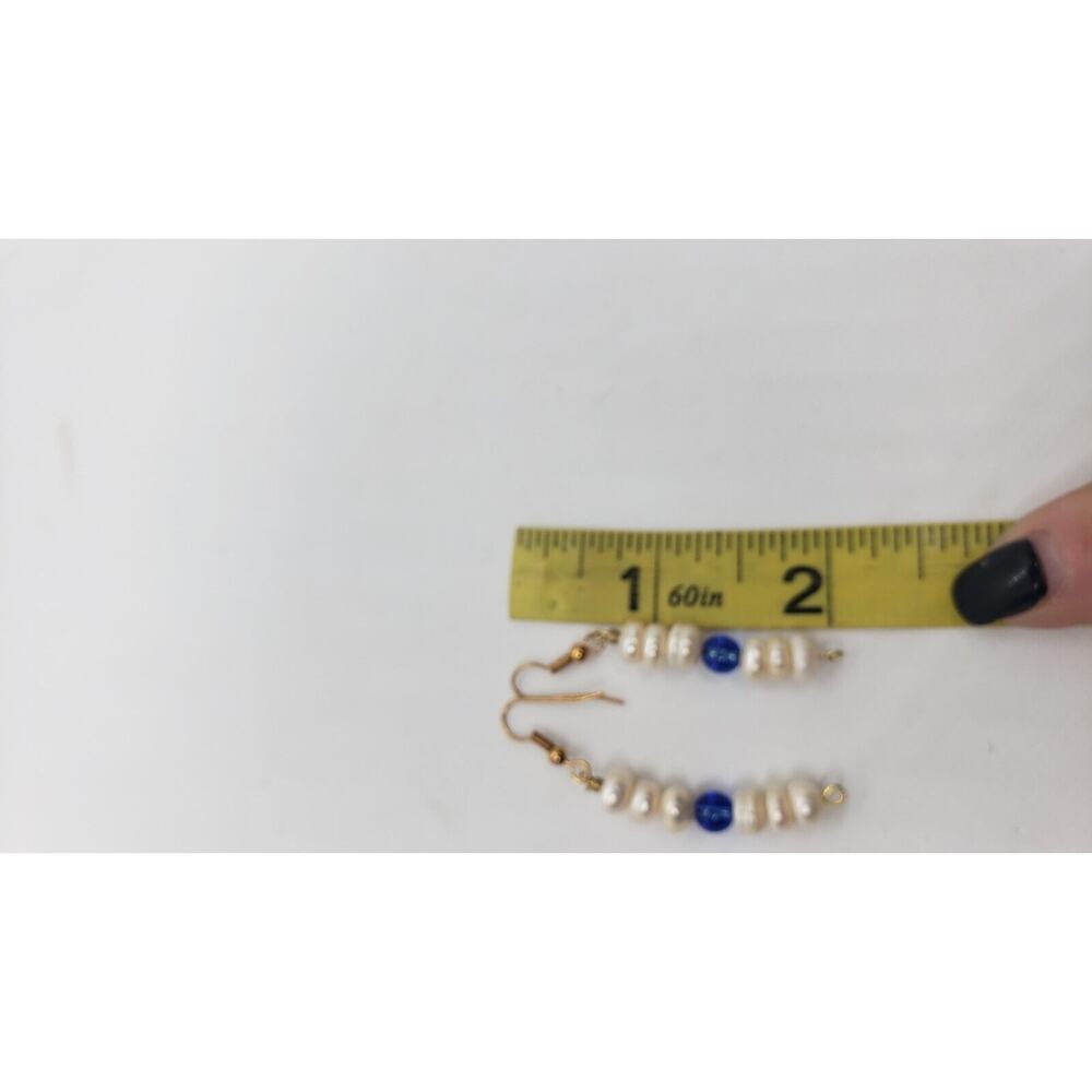Vintage handmade Genuine Pearl Earrings Long Dangle Freshwater & Blue Glass - Picture 6 of 6